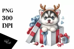 Winter Siberian Husky with Reindeer Horns PNG Product Image 1