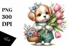 Whimsical Flowers, Cute Baby Puppy Holding a Basket of Product Image 3