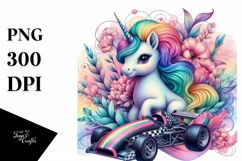Colorful Unicorn with Race Car PNG Product Image 3