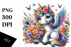 Colorful Unicorn with Flower Bouquet PNG Product Image 3