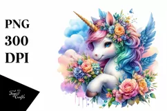 Colorful Unicorn with Flower Bouquet PNG Product Image 1
