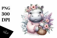 Detailed Watercolor Boho Cute Baby Hippo with Flowers Product Image 1