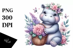 Detailed Watercolor Boho Cute Baby Hippo with Flowers Product Image 3