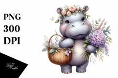 Detailed Watercolor Boho Cute Baby Hippo with Flowers Product Image 3