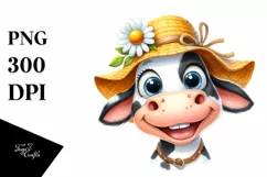Watercolor Excited Cow with Sun Hat Clipart Product Image 3
