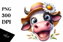 Watercolor Excited Cow with Sun Hat Clipart Product Image 1