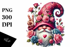Detailed Valentines Gnome with Roses Hat Victory Sign PNG Product Image 1