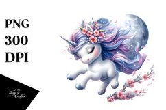 Baby Unicorn Tumbling Spring Petals Silvery Moon | Clipart Product Image 1