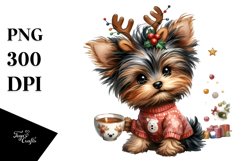Energetic Yorkshire Terrier with Reindeer Horns PNG Product Image 1