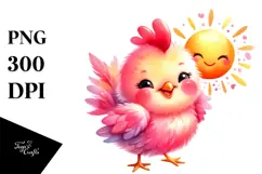Watercolor Pink-ish Smiling Cute Rooster with Sun PNG Product Image 1