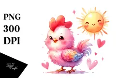 Watercolor Pink-ish Smiling Cute Rooster with Sun PNG Product Image 1