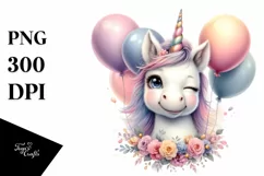Cute Baby Unicorn Winking with Balloons | Clipart Product Image 3