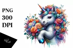 Colorful Unicorn with Flower Bouquet PNG Product Image 1