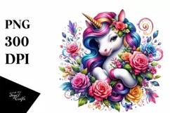 Colorful Unicorn with Flower Bouquet PNG Product Image 1