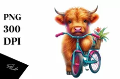 Colorful Highland Cow with Bicycle PNG Product Image 1