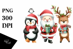 Santa, Penguin, Reindeer with Presents PNG Product Image 1