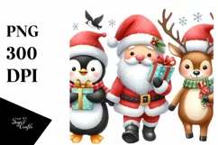 Santa, Penguin, Reindeer with Presents PNG Product Image 1