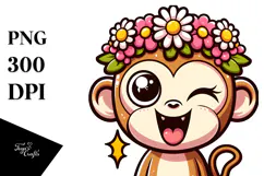Cartoon Monkey with Flower Crown, Transparent PNG Product Image 1