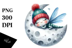 Cute Baby Dragonfly Christmas Moon PNG Product Image 1
