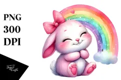 Watercolor Pink-ish Smiling Cute Bunny Cuddling Rainbow PNG Product Image 1