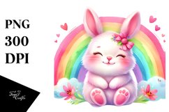 Watercolor Pink-ish Smiling Cute Bunny Cuddling Rainbow PNG Product Image 1