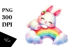 Watercolor Pink-ish Smiling Cute Bunny Cuddling Rainbow PNG Product Image 1
