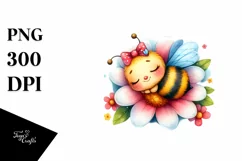 Cute Baby Bee Sleeping in Flower PNG Product Image 1
