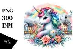 Colorful Baby Unicorn in Village Square PNG Product Image 1