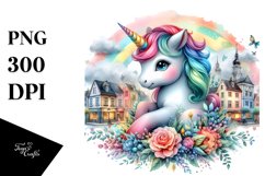 Colorful Baby Unicorn in Village Square PNG Product Image 3