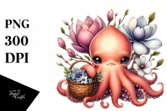 Detailed Whimsical Cute Baby Octopus with Flowers Clipart Product Image 3