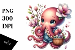 Detailed Whimsical Cute Baby Octopus with Flowers Clipart Product Image 3
