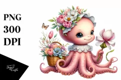 Detailed Whimsical Cute Baby Octopus with Flowers Clipart Product Image 3