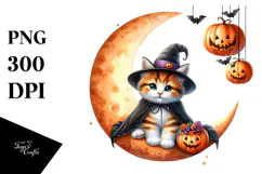 Funny Halloween Kitten on Moon, Watercolor PNG Product Image 1