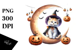 Funny Halloween Kitten on Moon, Watercolor PNG Product Image 1