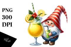Whimsical Gnome Drinking Cocktail with Lemon, Watercolor PNG Product Image 1