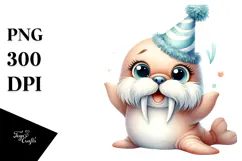 Cute Baby Walrus with Party Hat PNG Product Image 1