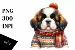 Enthusiastic Saint Bernard Pup, Winter Attire Watercolor PNG Product Image 3