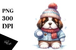 Enthusiastic Saint Bernard Pup, Winter Attire Watercolor PNG Product Image 1