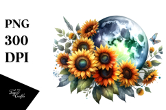 Washed Watercollor Half Moon with Sunflowers PNG Product Image 1