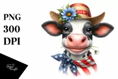 Watercolor Cow Portrait with Sun Hat & Goofy Smile | Clipart Product Image 1