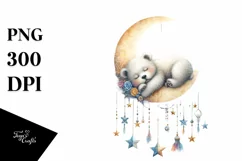 Watercolor Baby Bear Sleeping on Moon | Clipart Product Image 3