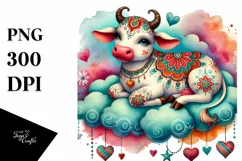 Colorful Watercolor Digital Painting with Adorned Cow PNG Product Image 1