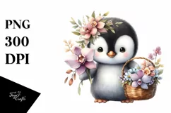 Whimsical Cute Baby Penguin with Flowers Clipart Product Image 3