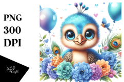 Colorful Baby Peacock Sitting on Balloons | Clipart Product Image 1