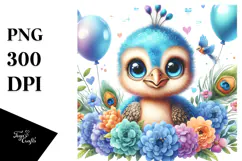 Colorful Baby Peacock Sitting on Balloons | Clipart Product Image 1
