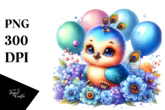 Colorful Baby Peacock Sitting on Balloons | Clipart Product Image 1