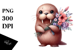 Cute Funny Baby Walrus Standing with Flower Bouquet | Product Image 1