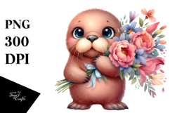 Cute Funny Baby Walrus Standing with Flower Bouquet | Product Image 1