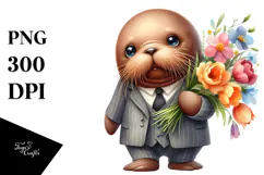 Cute Funny Baby Walrus Standing with Flower Bouquet | Product Image 1