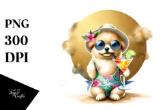 Puppy with Beachwear Drinking Cocktail PNG Product Image 1